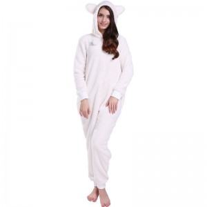 Női krém Onesie pizsama, kapucnis állati fülekkel