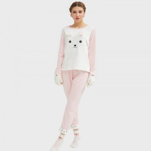 Női flanel polár állati hímzés macska pizsamában